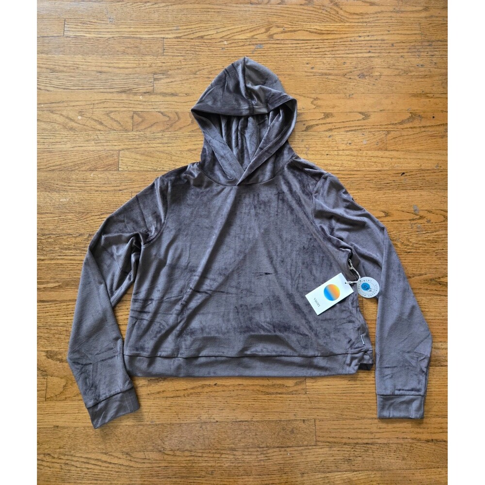 Vuori Womens Velour Ribbed Cropped Hooded Pullover Shirt Brown Medium NWT